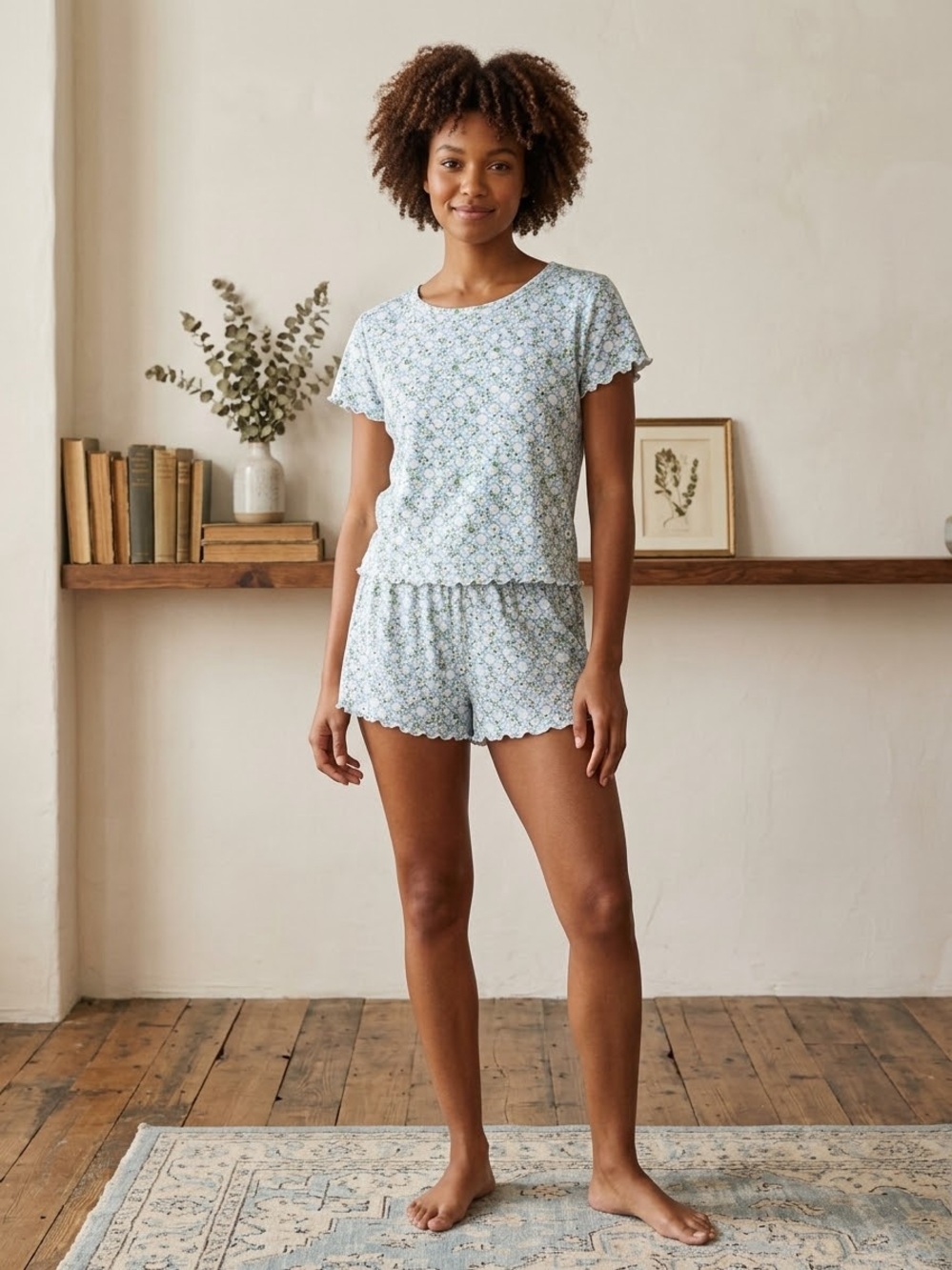Hill House Small The Nina Short Pajama Set Blue Botanical Floral Lettuce Hem